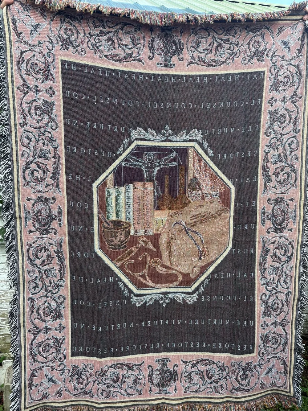Vintage Medical Themed Woven Tapestry Throw in Brown and Beige